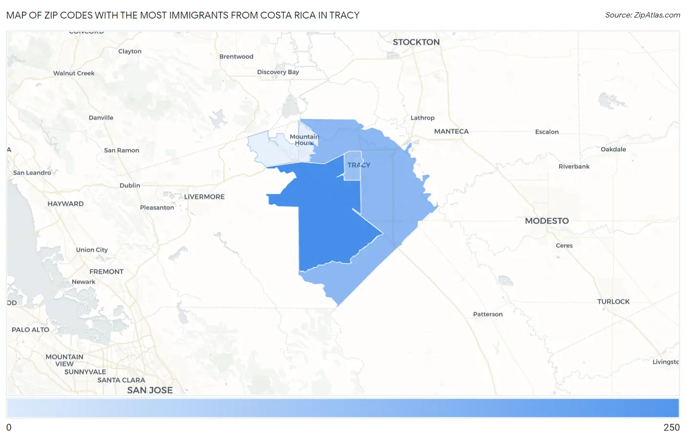 Zip Codes with the Most Immigrants from Costa Rica in Tracy Map