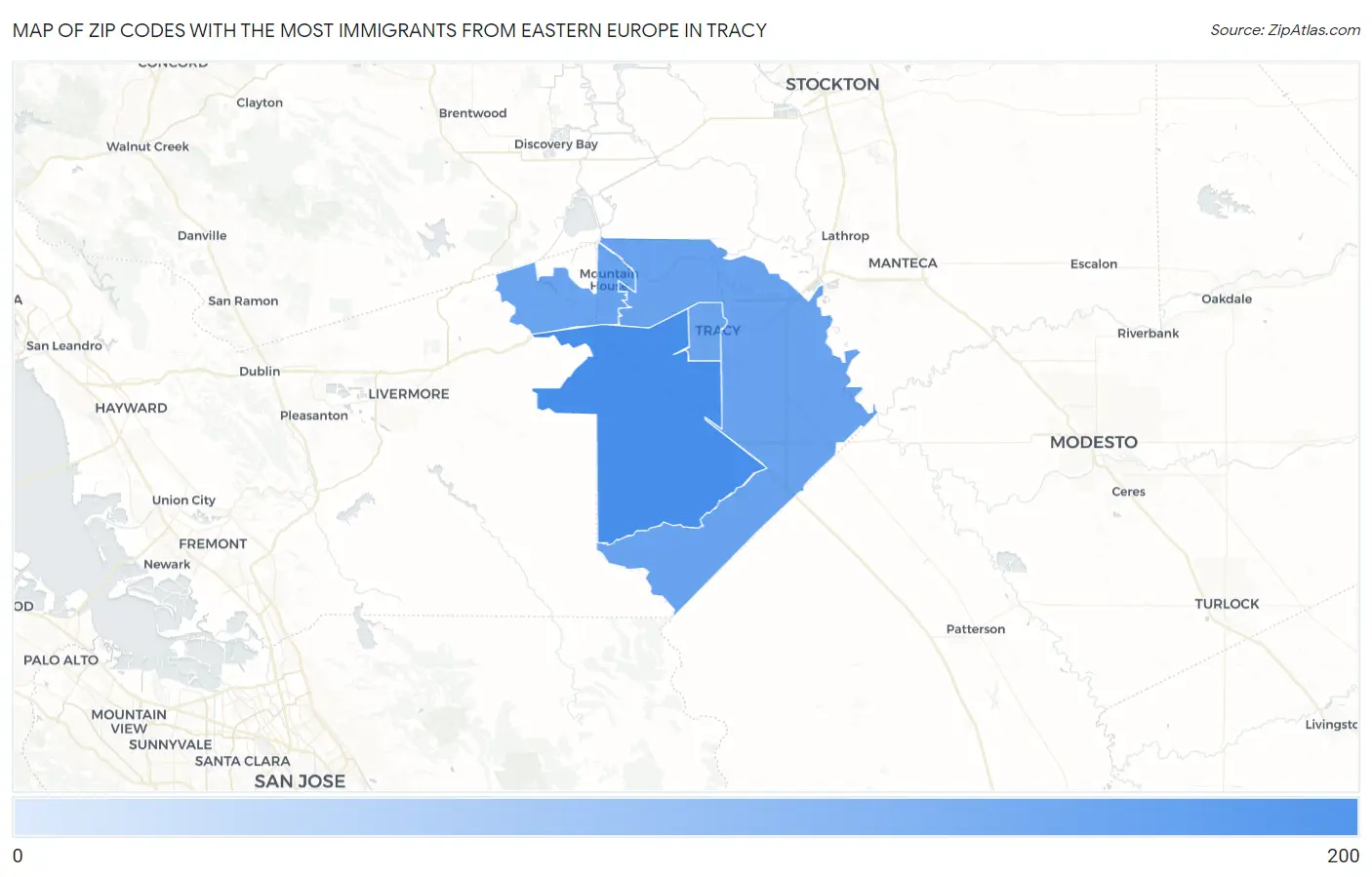 Zip Codes with the Most Immigrants from Eastern Europe in Tracy Map