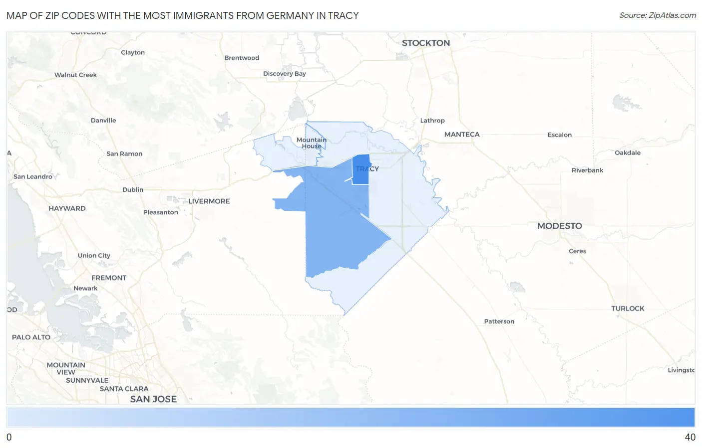 Zip Codes with the Most Immigrants from Germany in Tracy Map