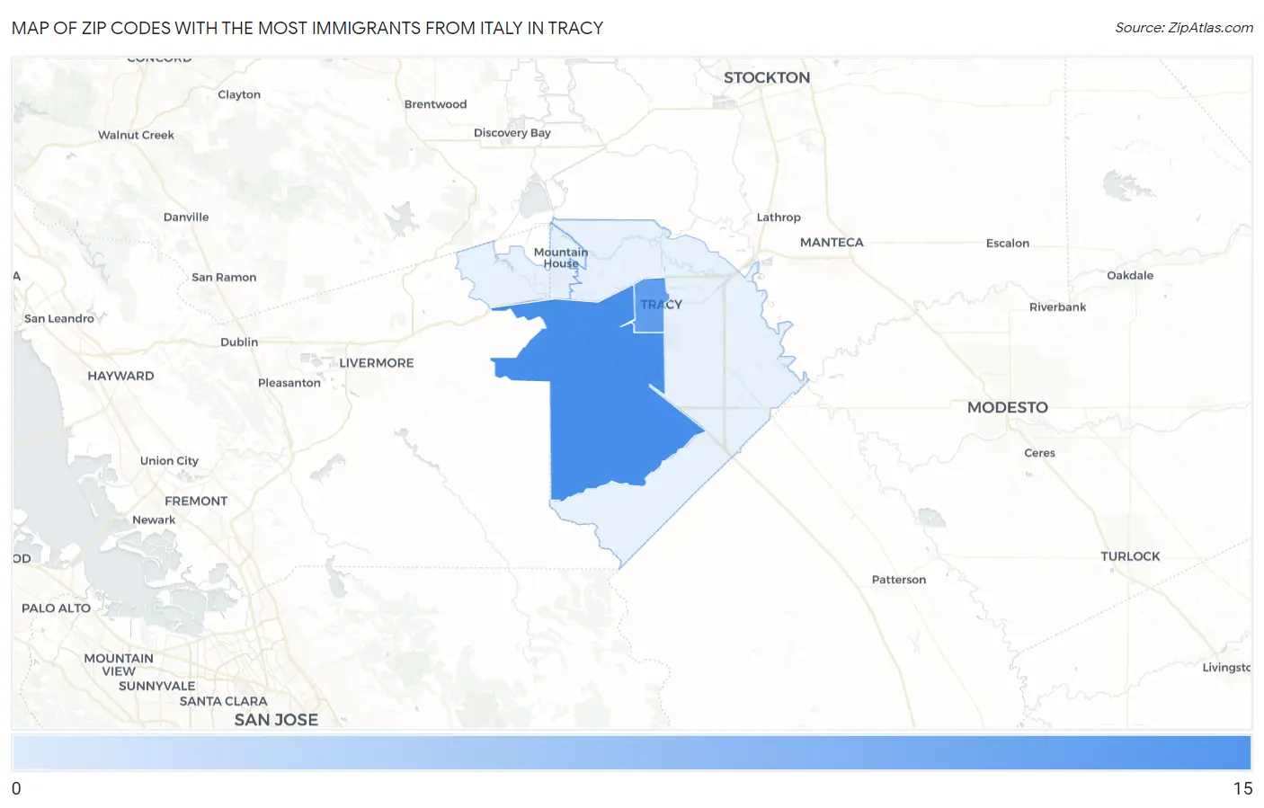 Zip Codes with the Most Immigrants from Italy in Tracy Map