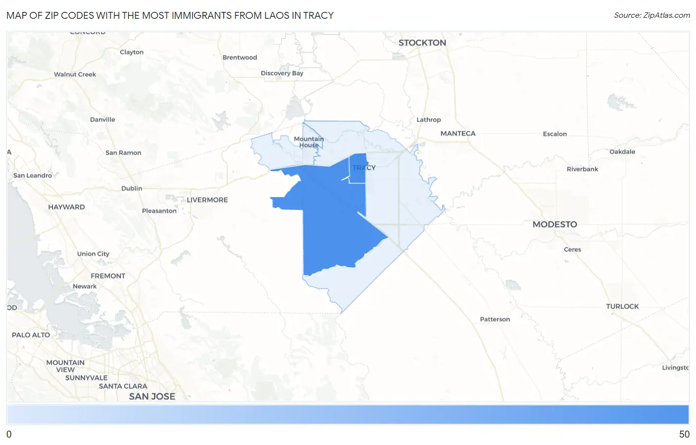 Zip Codes with the Most Immigrants from Laos in Tracy Map