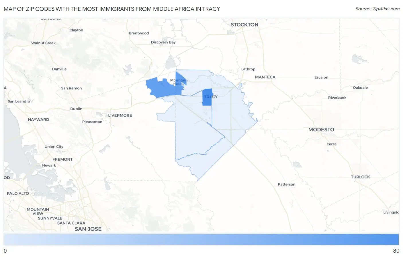 Zip Codes with the Most Immigrants from Middle Africa in Tracy Map