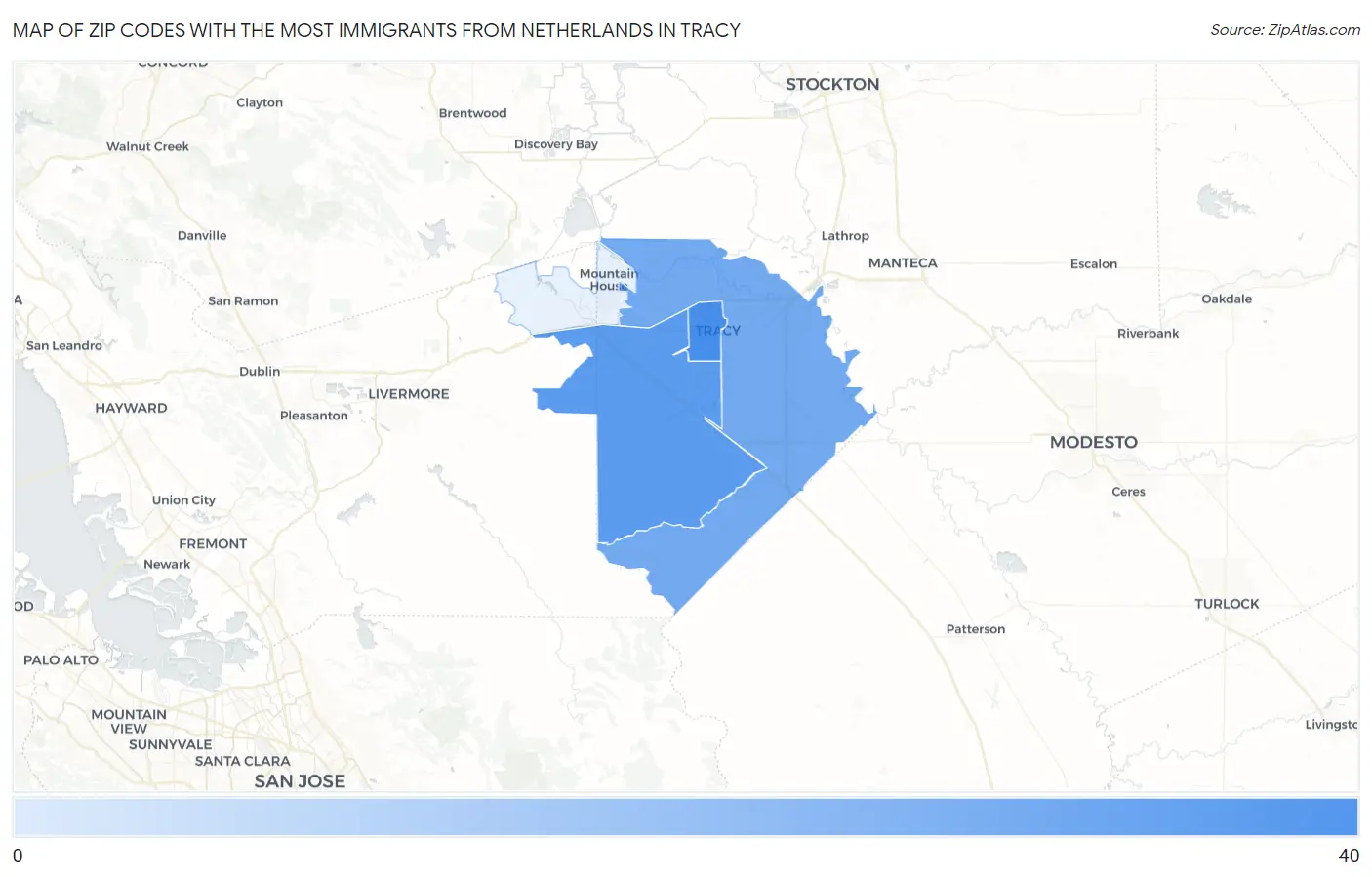 Zip Codes with the Most Immigrants from Netherlands in Tracy Map