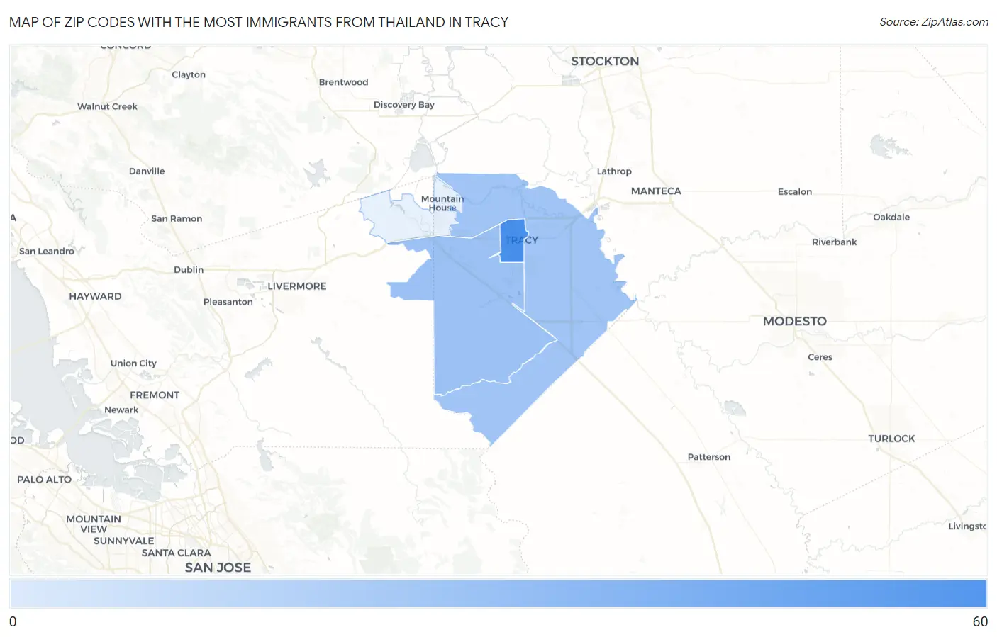 Zip Codes with the Most Immigrants from Thailand in Tracy Map