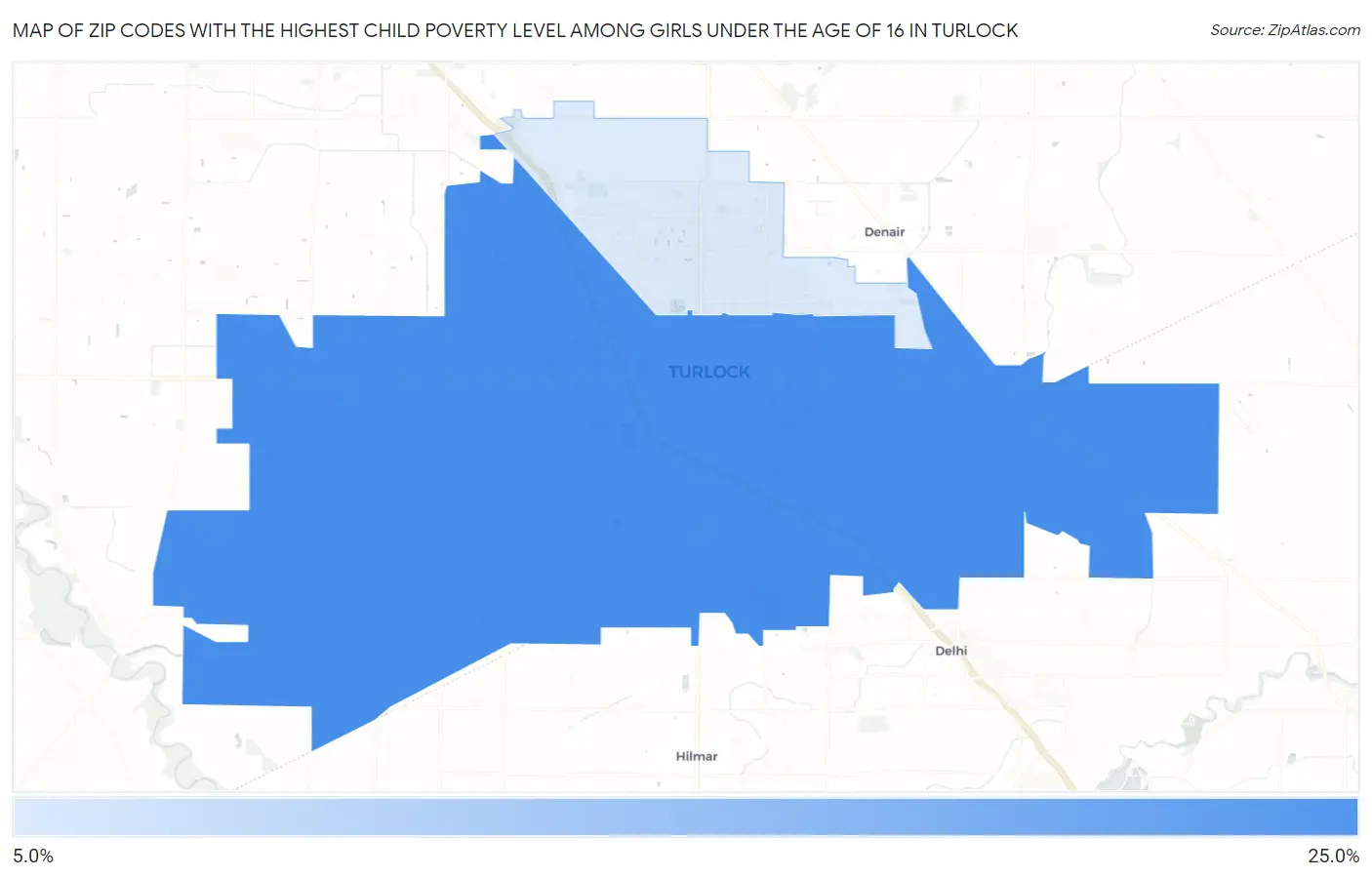 Zip Codes with the Highest Child Poverty Level Among Girls Under the Age of 16 in Turlock Map