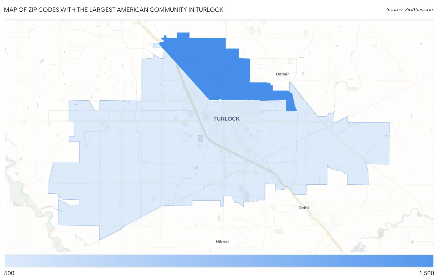 Zip Codes with the Largest American Community in Turlock Map
