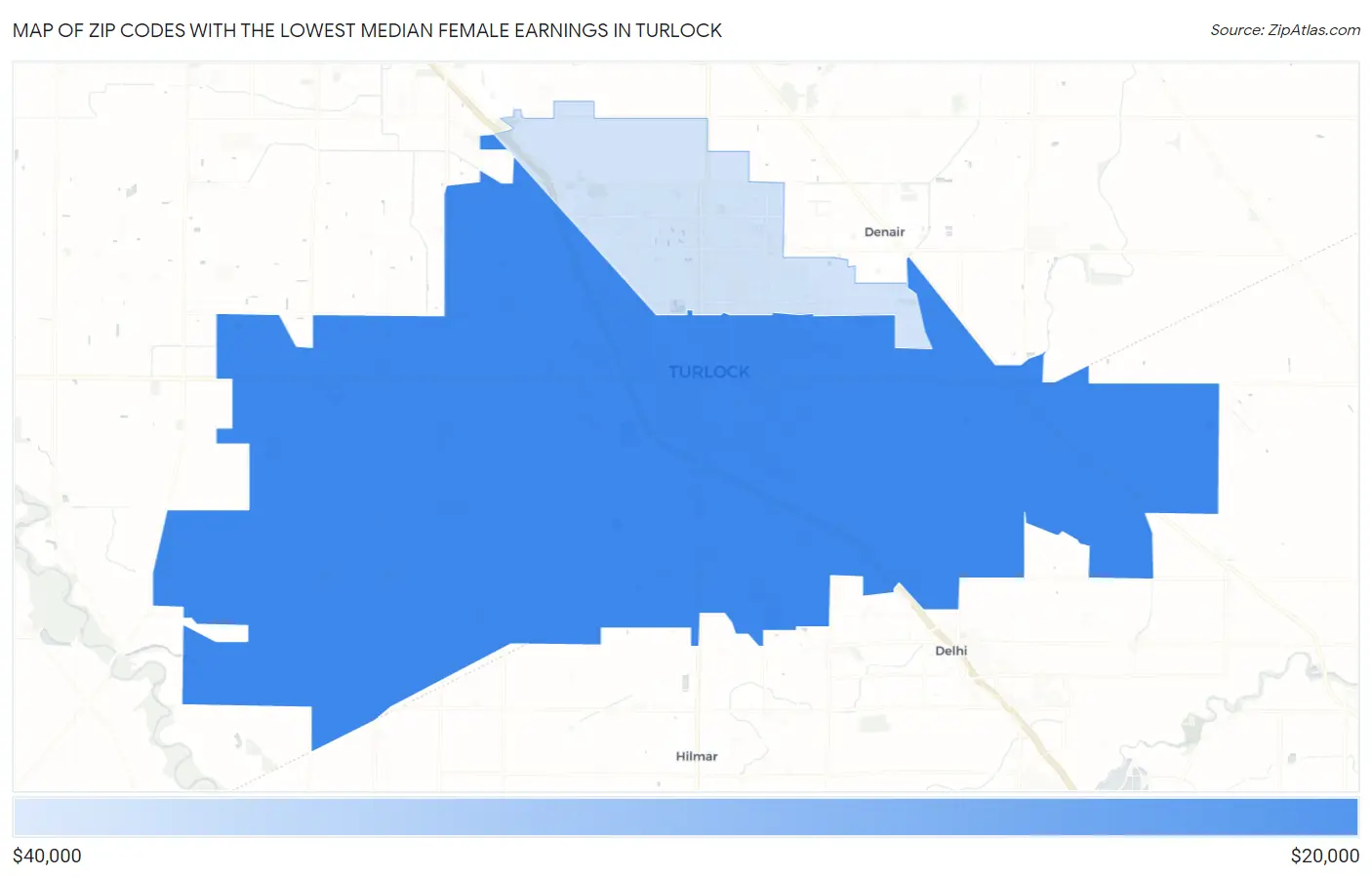 Zip Codes with the Lowest Median Female Earnings in Turlock Map