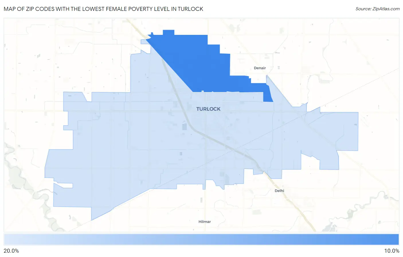 Zip Codes with the Lowest Female Poverty Level in Turlock Map