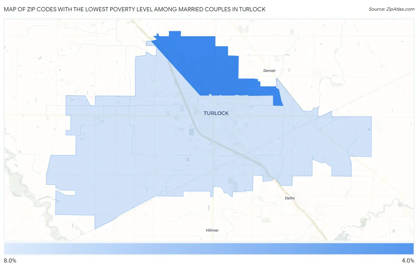 Zip Codes with the Lowest Poverty Level Among Married Couples in Turlock Map