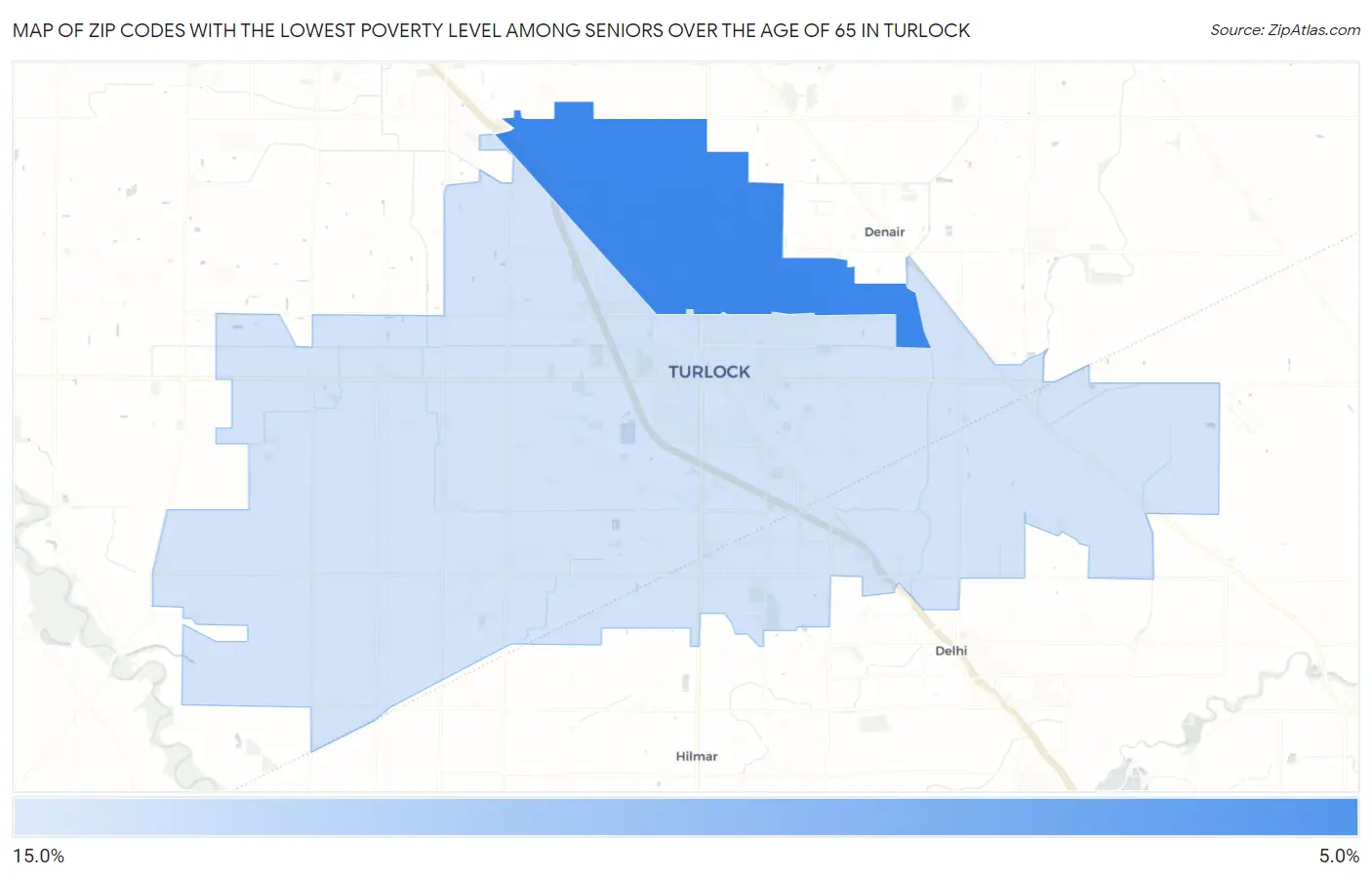 Zip Codes with the Lowest Poverty Level Among Seniors Over the Age of 65 in Turlock Map
