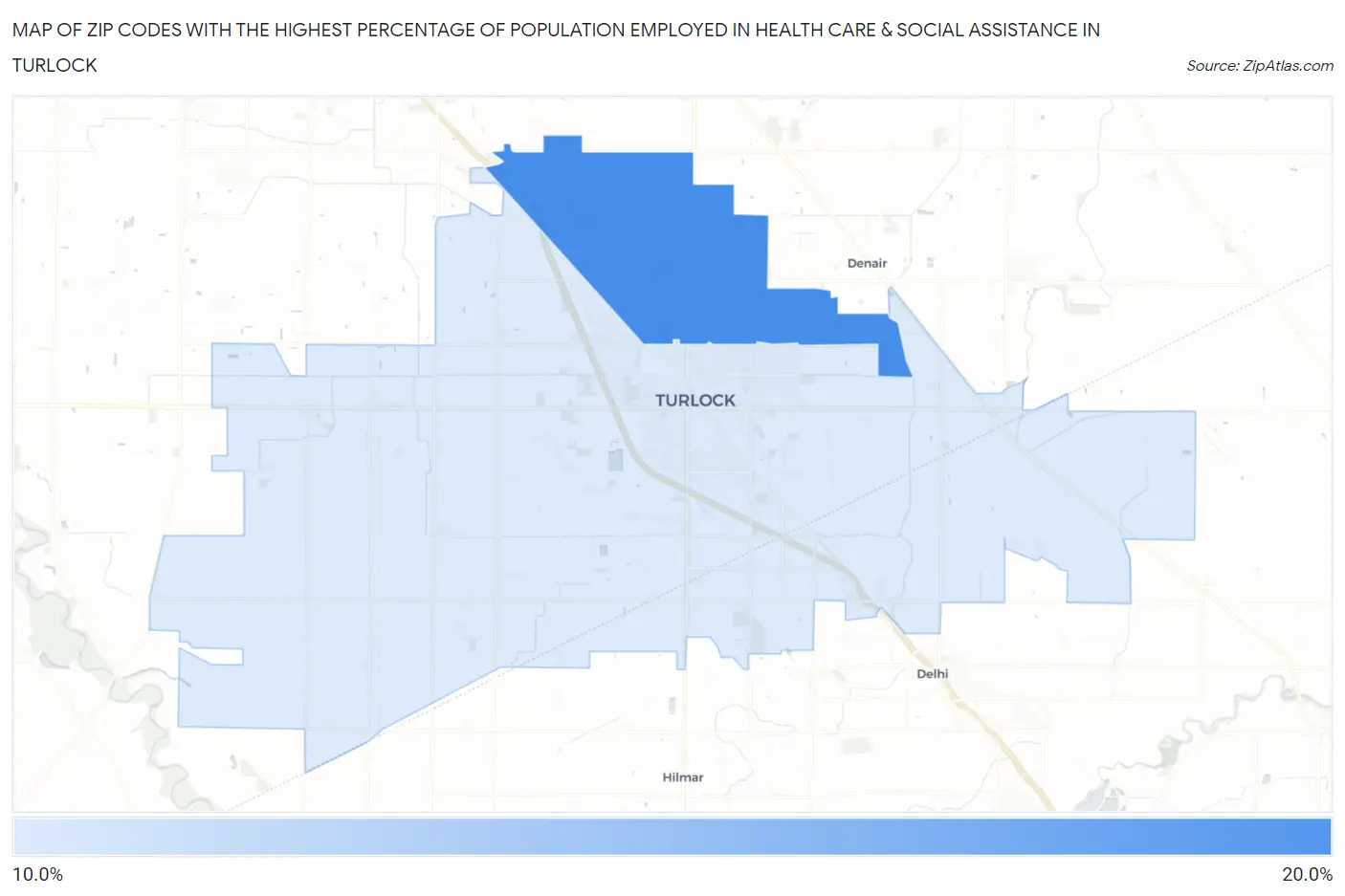 Zip Codes with the Highest Percentage of Population Employed in Health Care & Social Assistance in Turlock Map