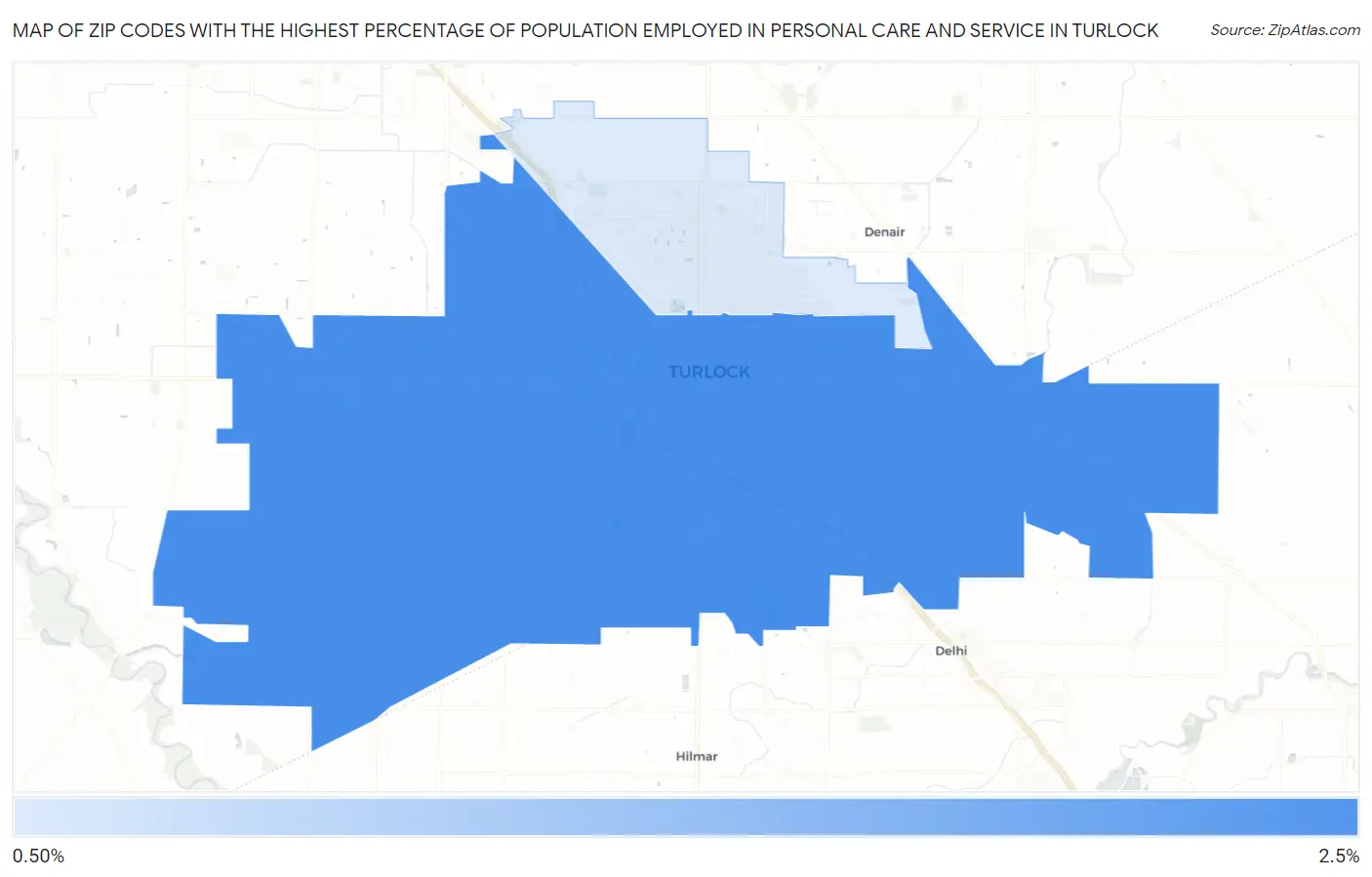 Zip Codes with the Highest Percentage of Population Employed in Personal Care and Service in Turlock Map