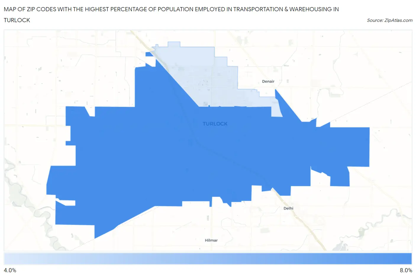 Zip Codes with the Highest Percentage of Population Employed in Transportation & Warehousing in Turlock Map