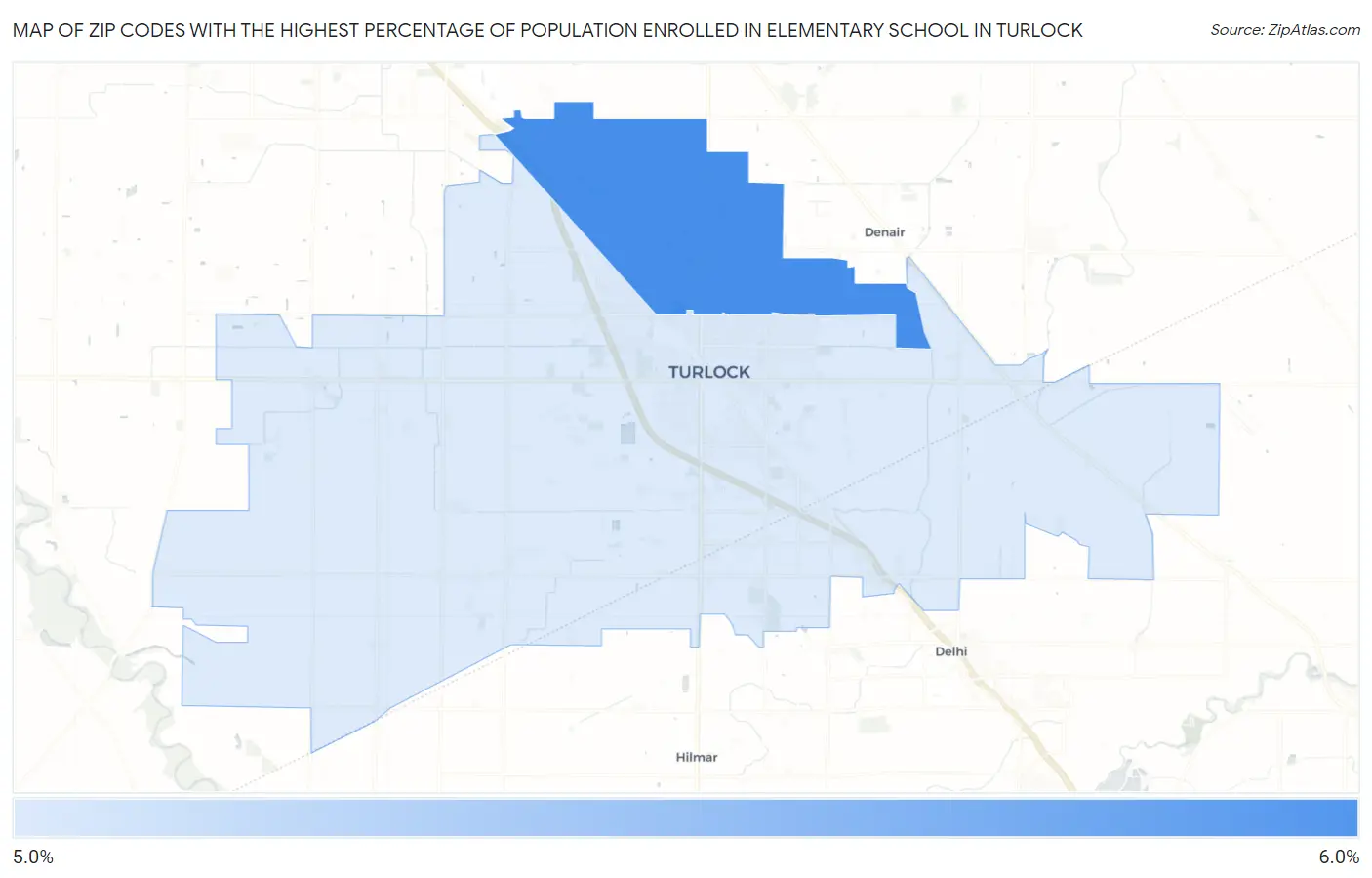 Zip Codes with the Highest Percentage of Population Enrolled in Elementary School in Turlock Map