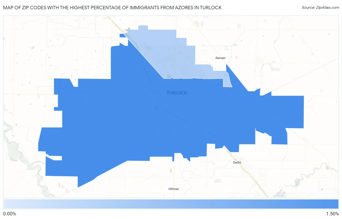 Zip Codes with the Highest Percentage of Immigrants from Azores in Turlock Map