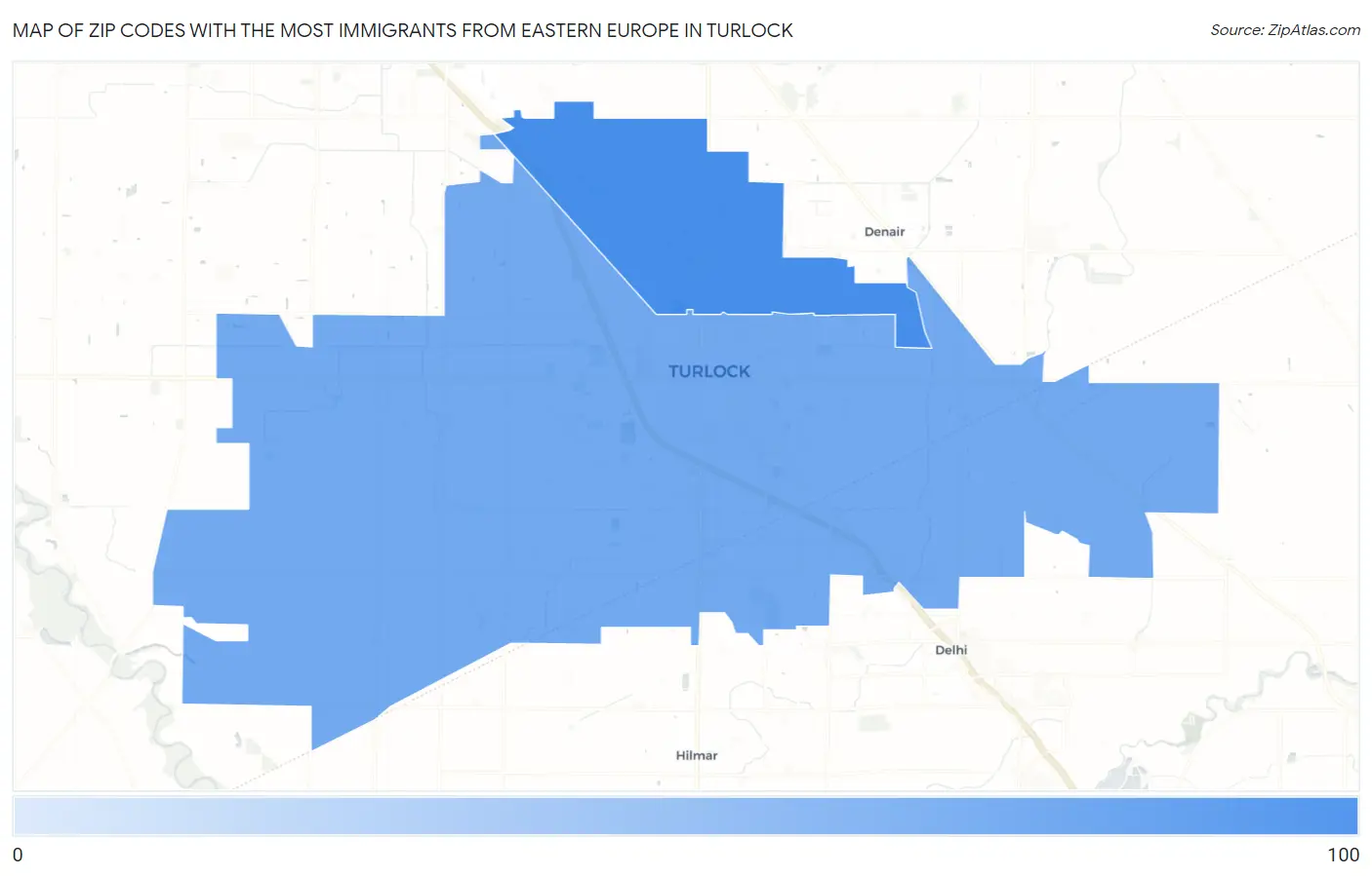 Zip Codes with the Most Immigrants from Eastern Europe in Turlock Map