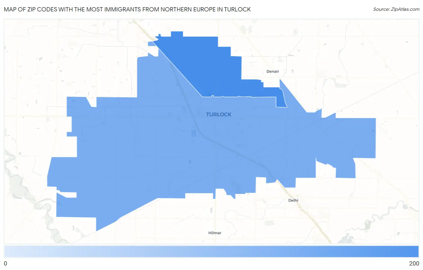 Zip Codes with the Most Immigrants from Northern Europe in Turlock Map