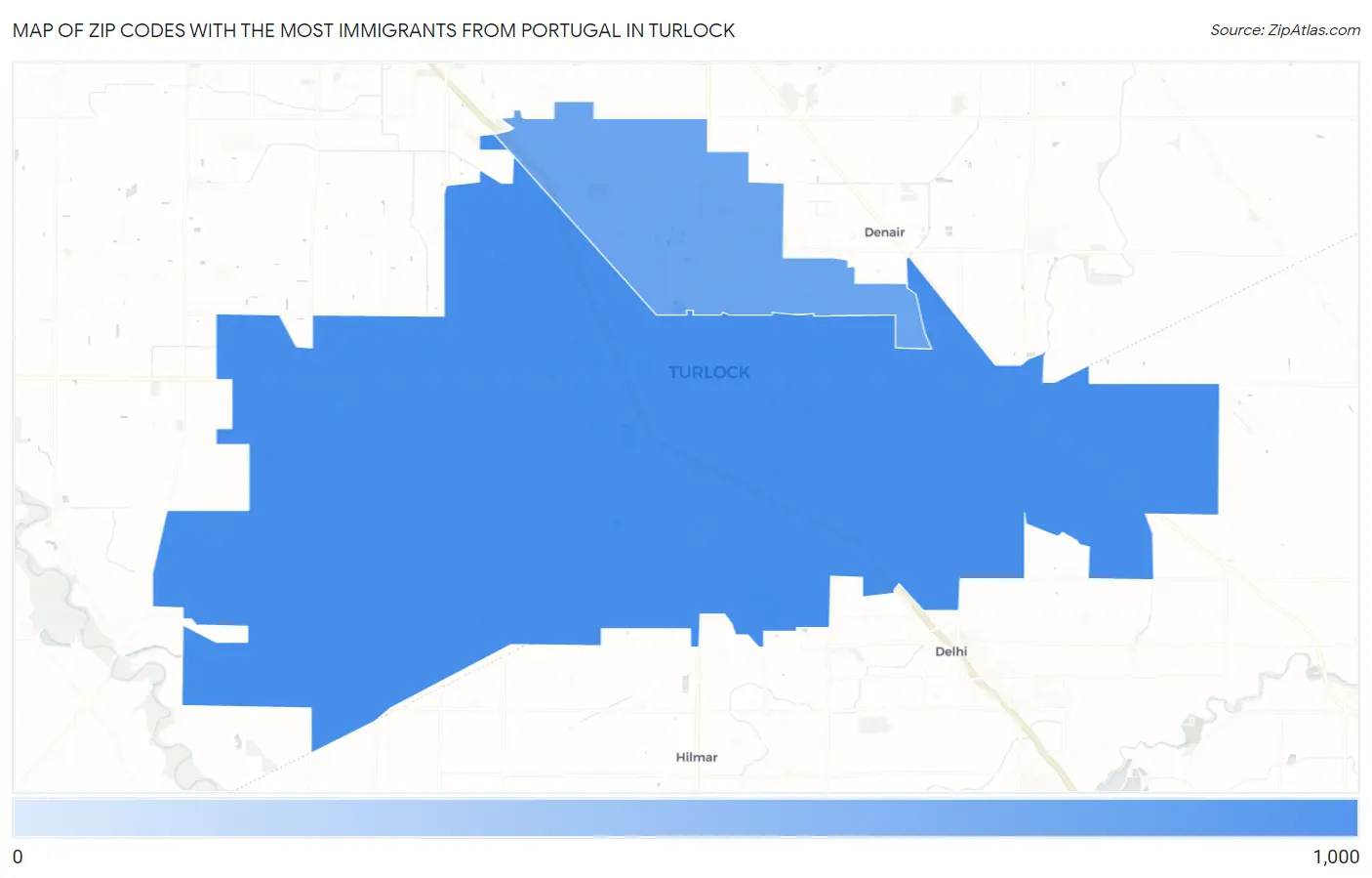 Zip Codes with the Most Immigrants from Portugal in Turlock Map