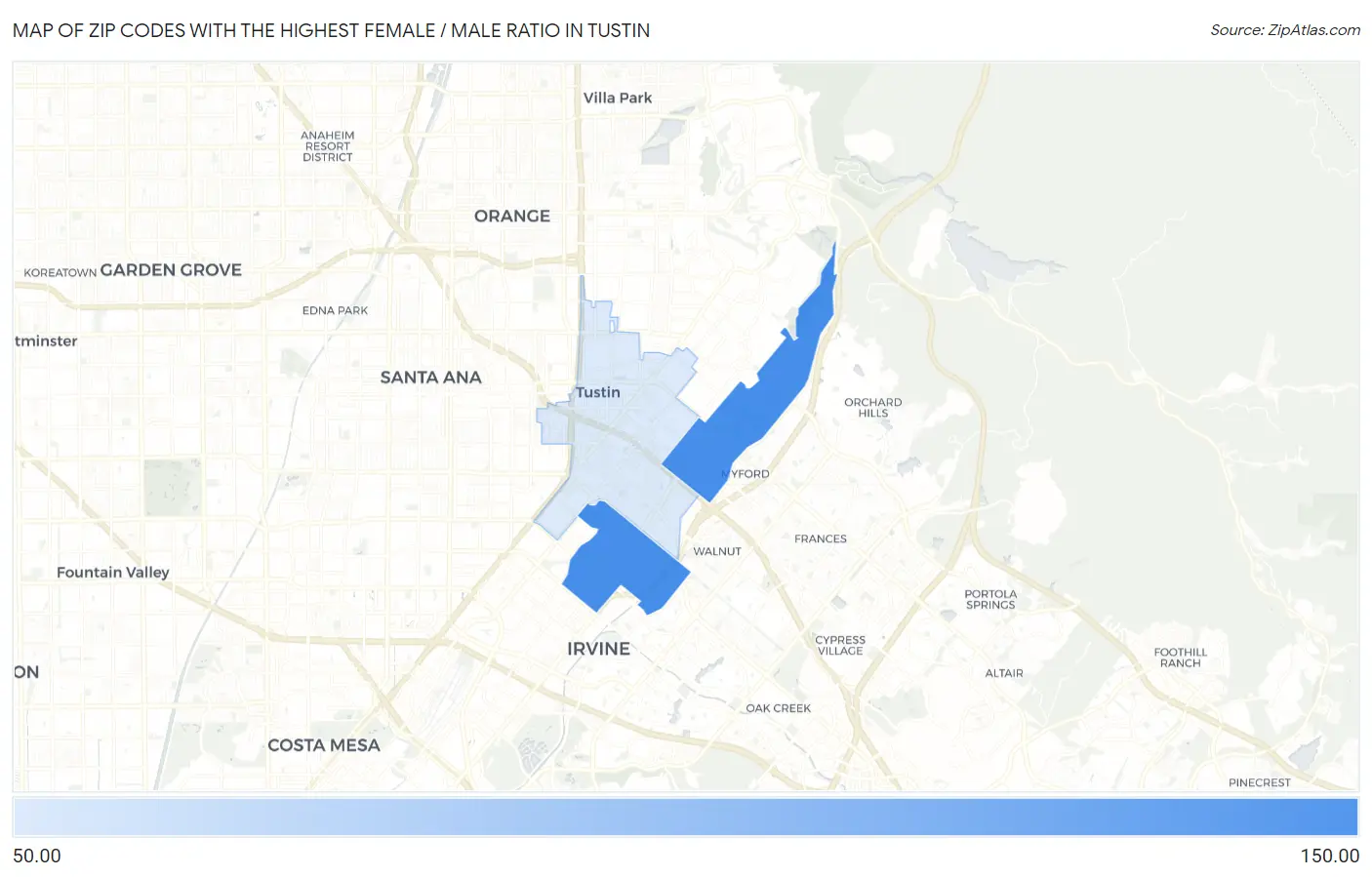 Zip Codes with the Highest Female / Male Ratio in Tustin Map