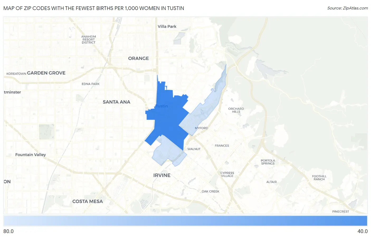 Zip Codes with the Fewest Births per 1,000 Women in Tustin Map