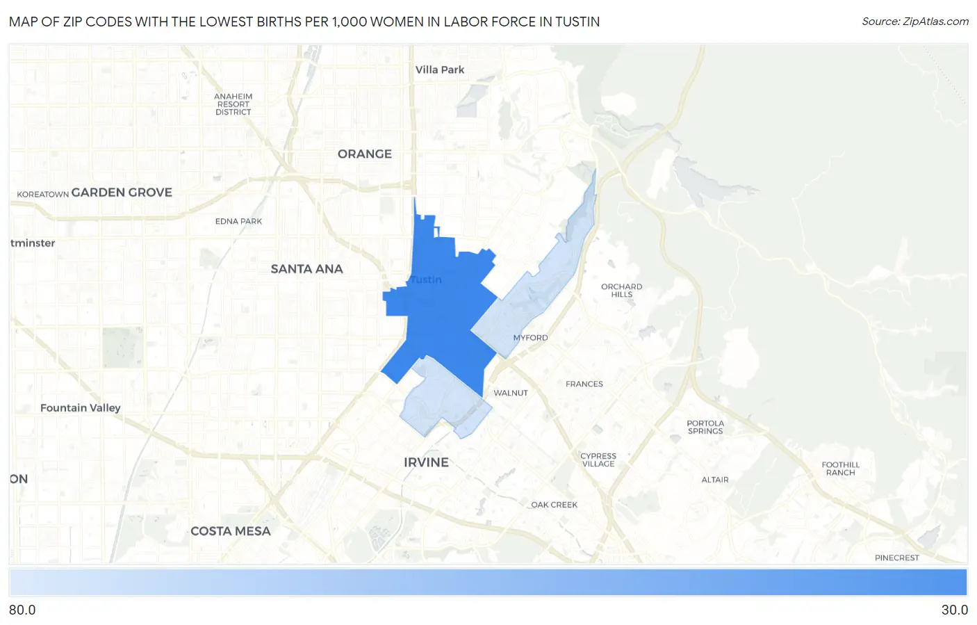 Zip Codes with the Lowest Births per 1,000 Women in Labor Force in Tustin Map