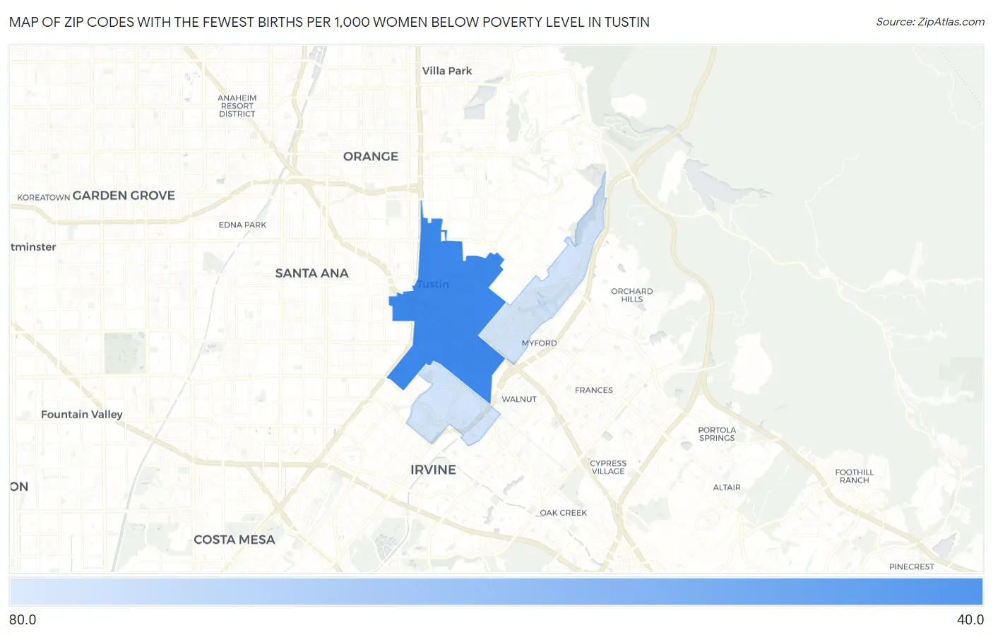 Zip Codes with the Fewest Births per 1,000 Women Below Poverty Level in Tustin Map