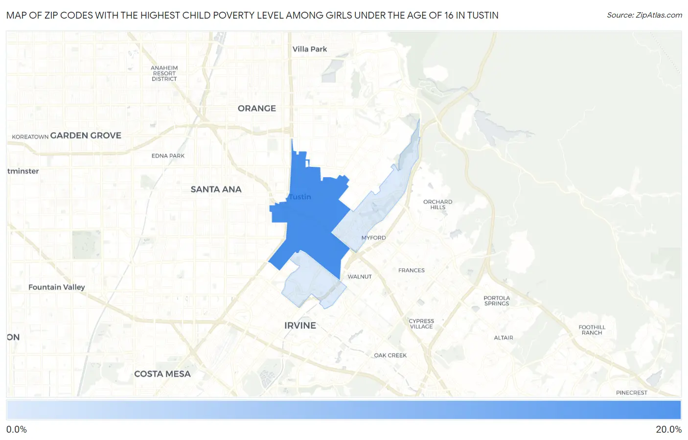 Zip Codes with the Highest Child Poverty Level Among Girls Under the Age of 16 in Tustin Map
