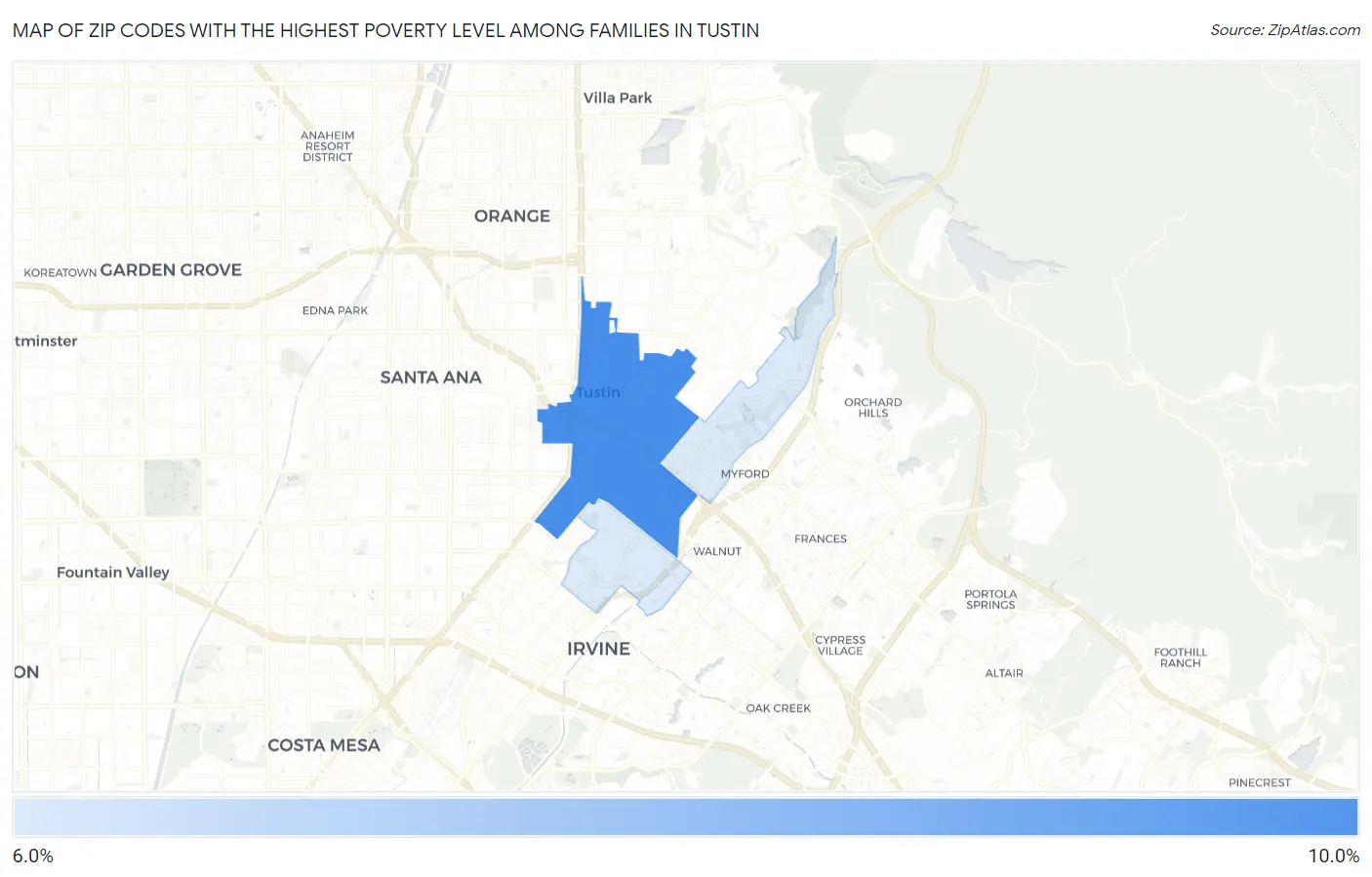 Zip Codes with the Highest Poverty Level Among Families in Tustin Map