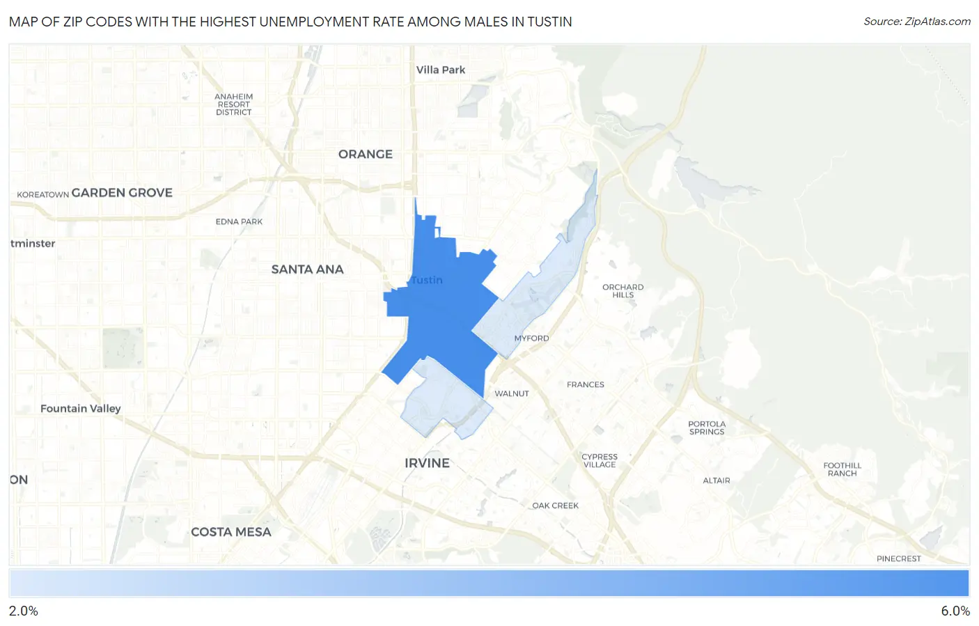 Zip Codes with the Highest Unemployment Rate Among Males in Tustin Map