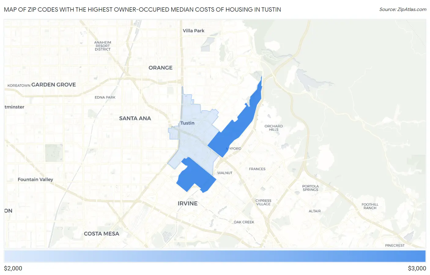 Zip Codes with the Highest Owner-Occupied Median Costs of Housing in Tustin Map