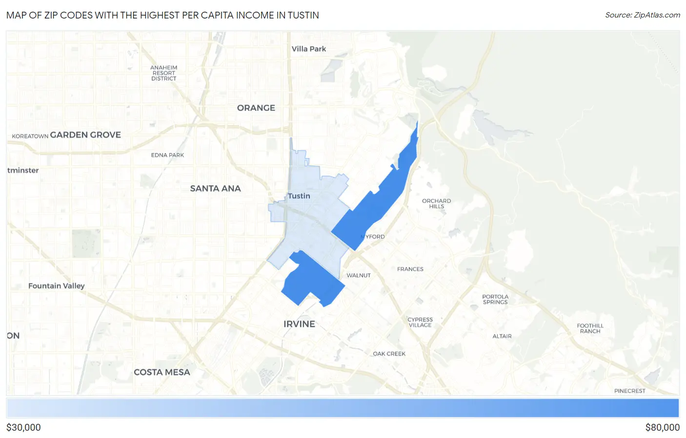 Zip Codes with the Highest Per Capita Income in Tustin Map