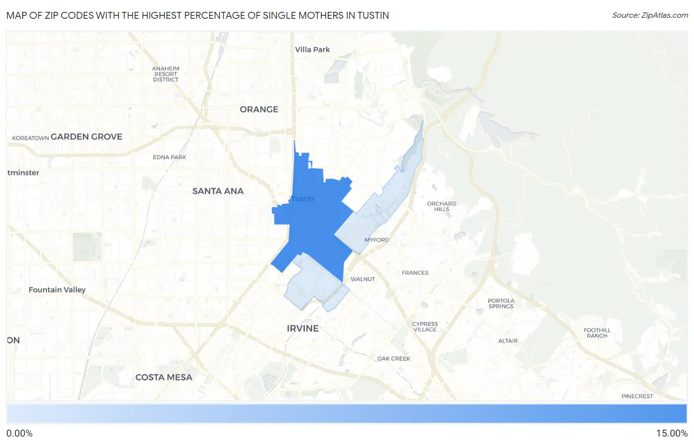 Zip Codes with the Highest Percentage of Single Mothers in Tustin Map
