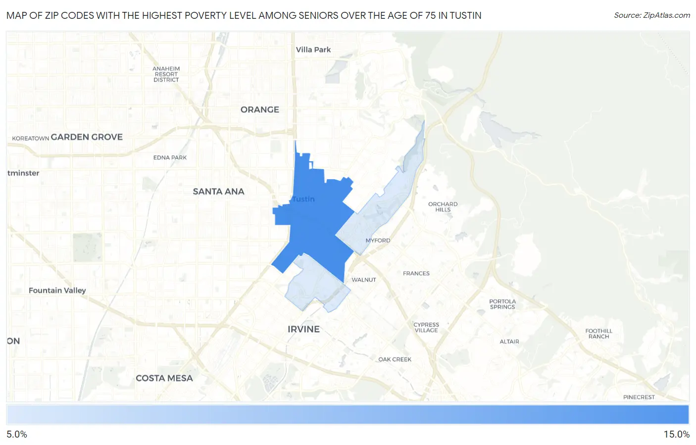 Zip Codes with the Highest Poverty Level Among Seniors Over the Age of 75 in Tustin Map
