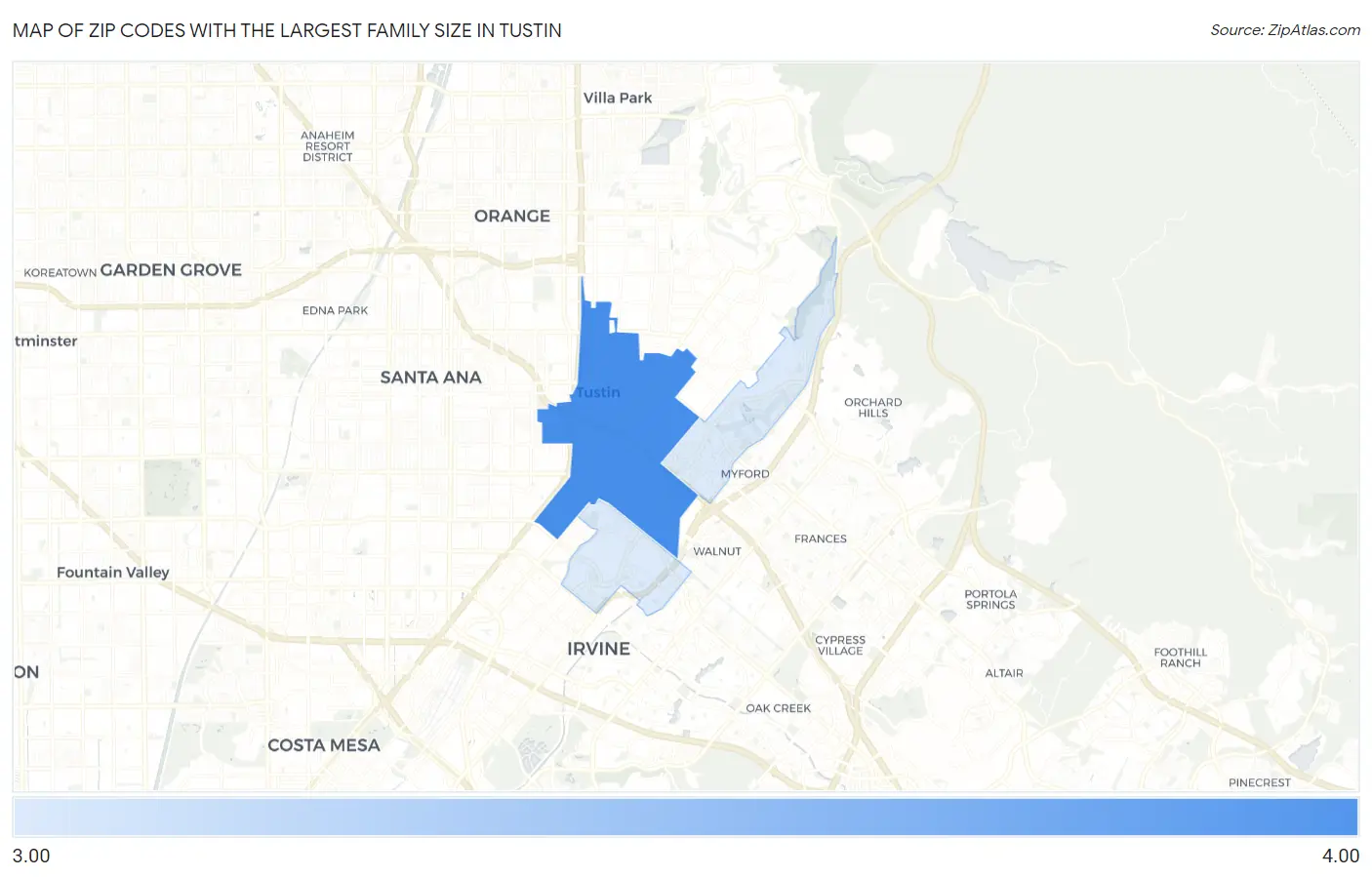 Zip Codes with the Largest Family Size in Tustin Map
