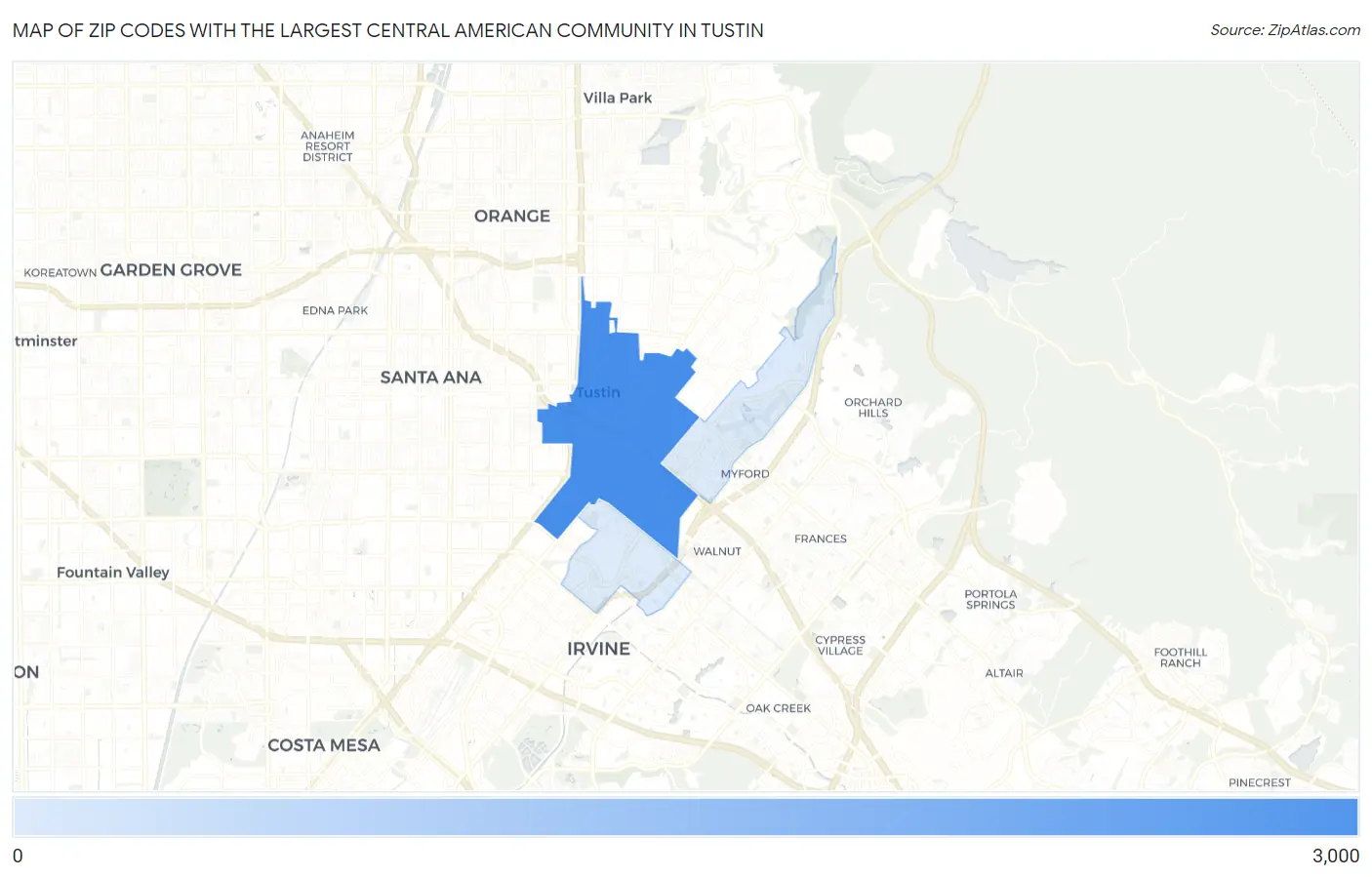 Zip Codes with the Largest Central American Community in Tustin Map