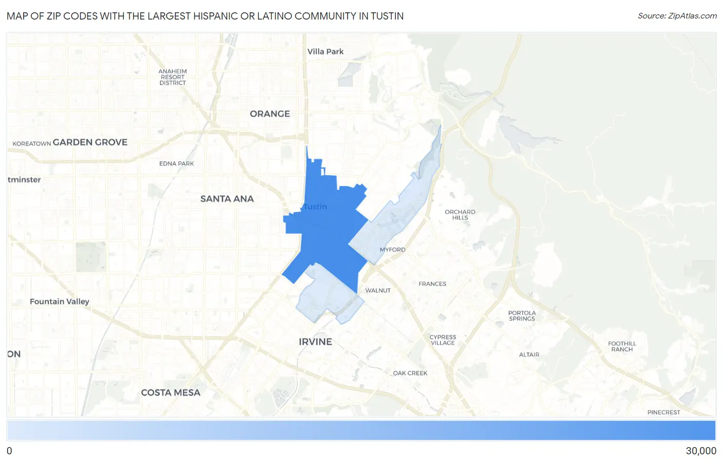 Zip Codes with the Largest Hispanic or Latino Community in Tustin Map