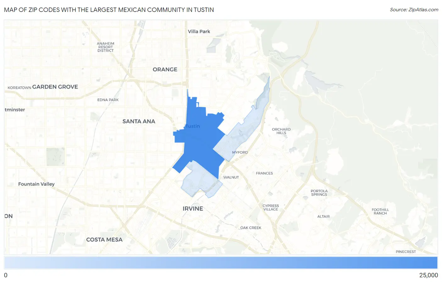 Zip Codes with the Largest Mexican Community in Tustin Map