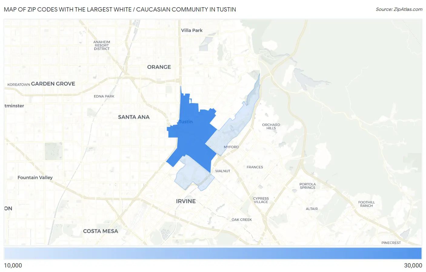 Zip Codes with the Largest White / Caucasian Community in Tustin Map