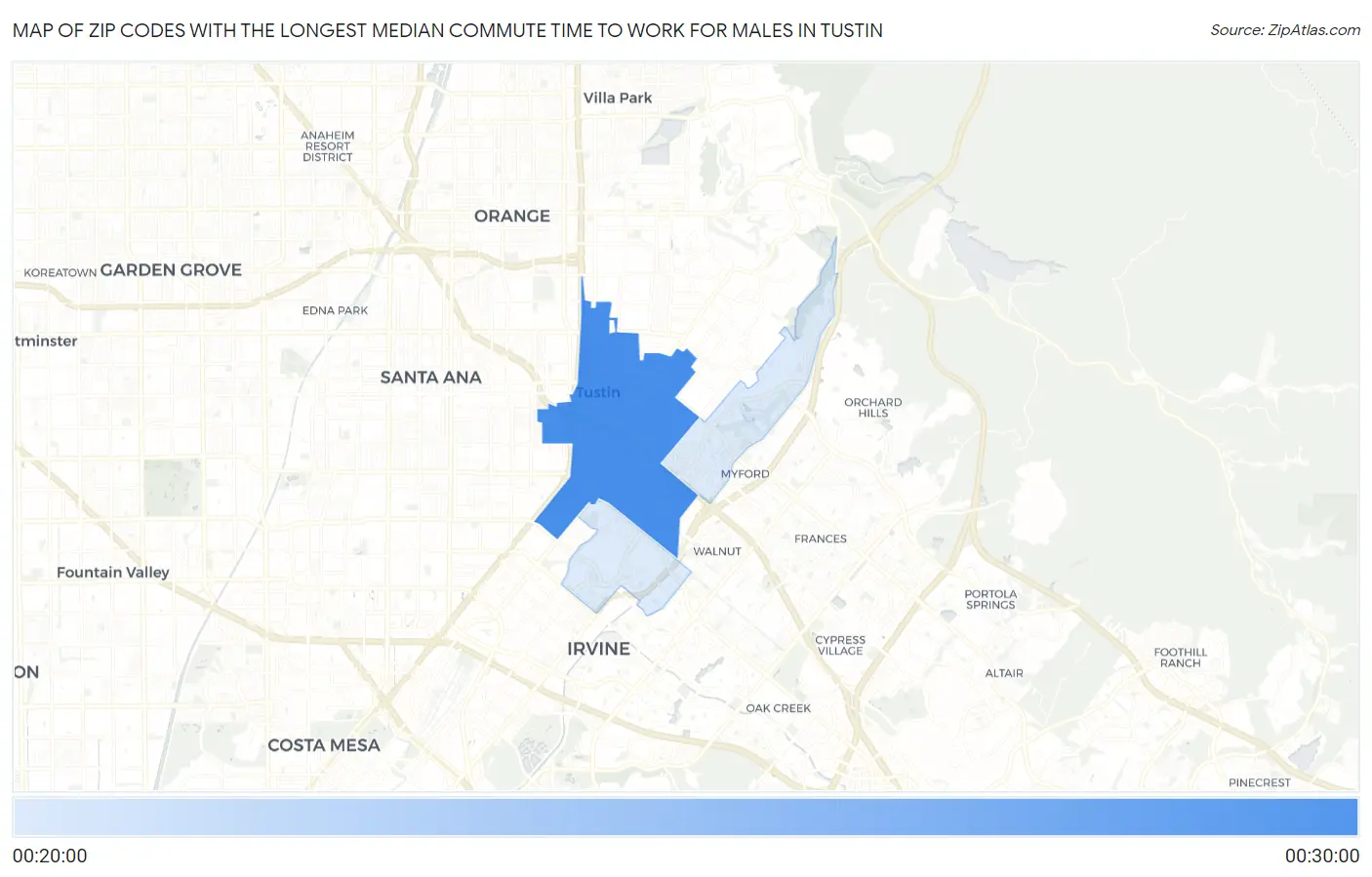 Zip Codes with the Longest Median Commute Time to Work for Males in Tustin Map