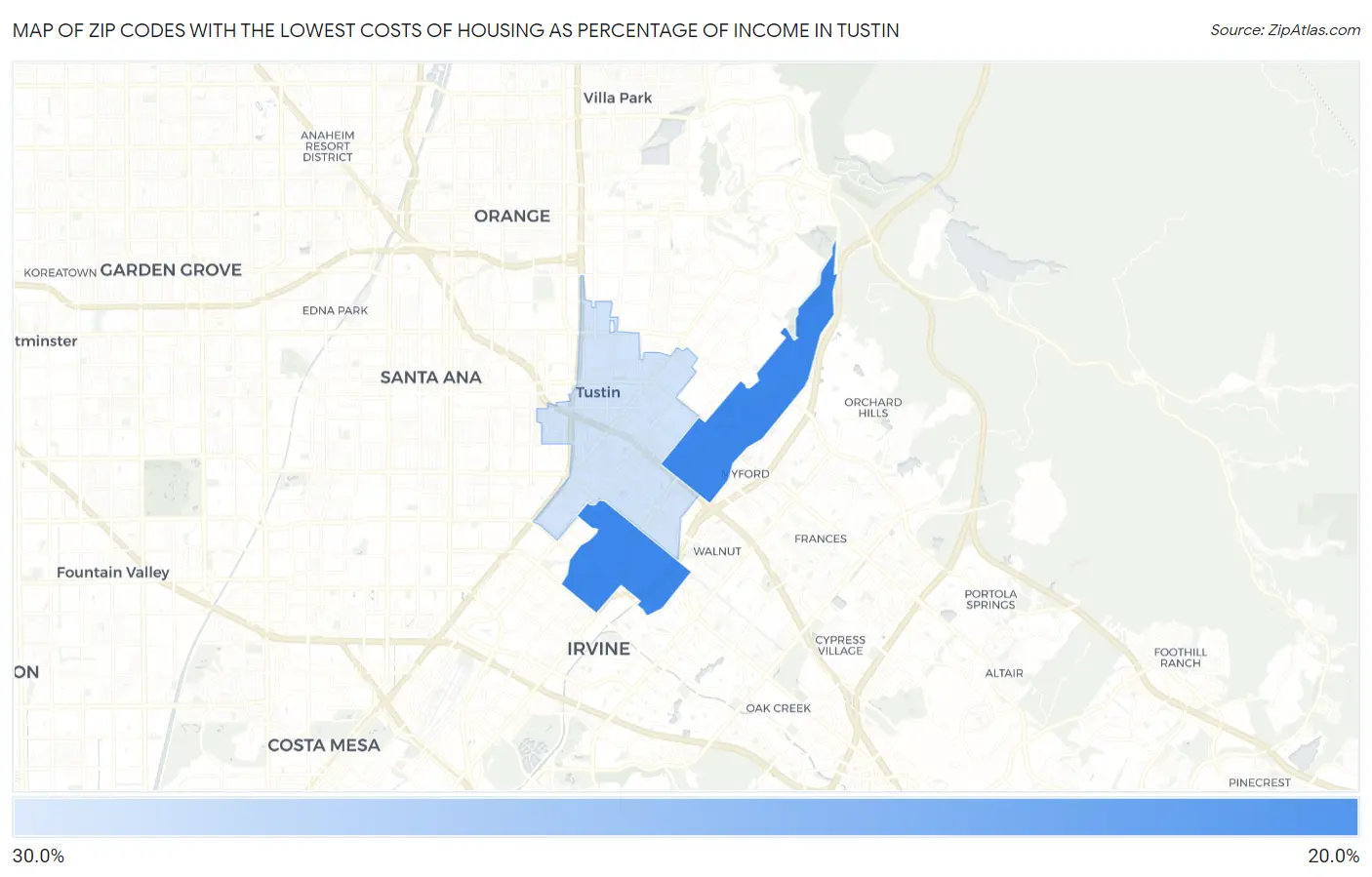 Zip Codes with the Lowest Costs of Housing as Percentage of Income in Tustin Map