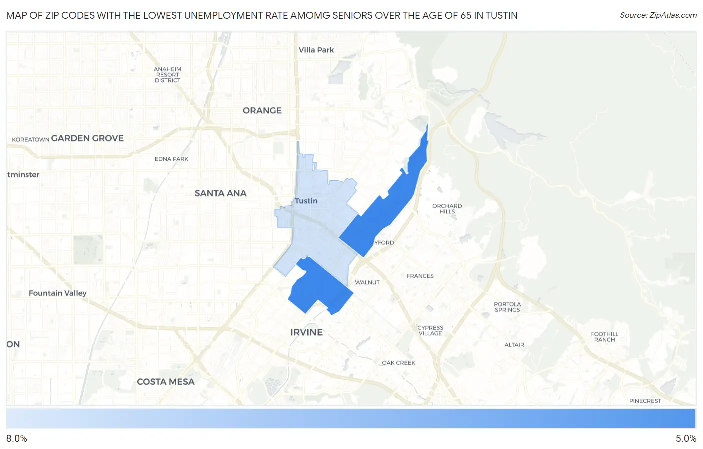Zip Codes with the Lowest Unemployment Rate Amomg Seniors Over the Age of 65 in Tustin Map