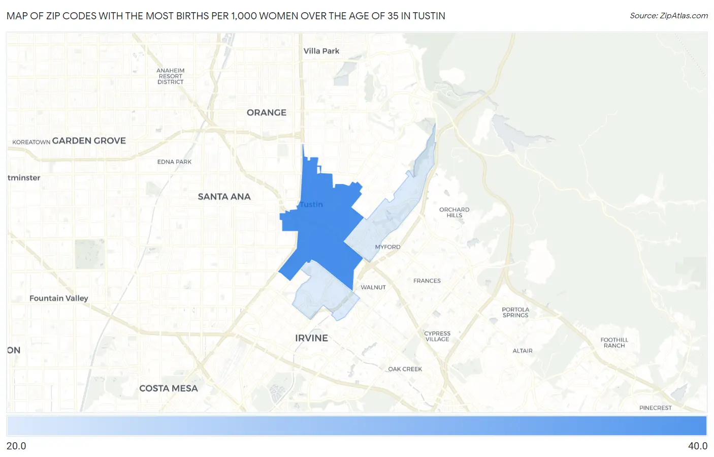Zip Codes with the Most Births per 1,000 Women Over the Age of 35 in Tustin Map
