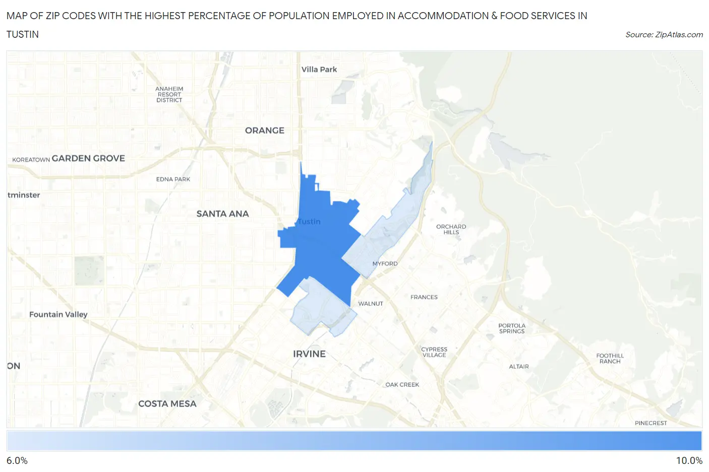 Zip Codes with the Highest Percentage of Population Employed in Accommodation & Food Services in Tustin Map