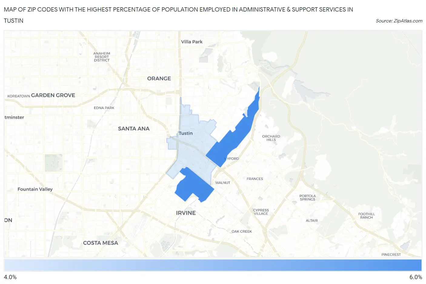 Zip Codes with the Highest Percentage of Population Employed in Administrative & Support Services in Tustin Map