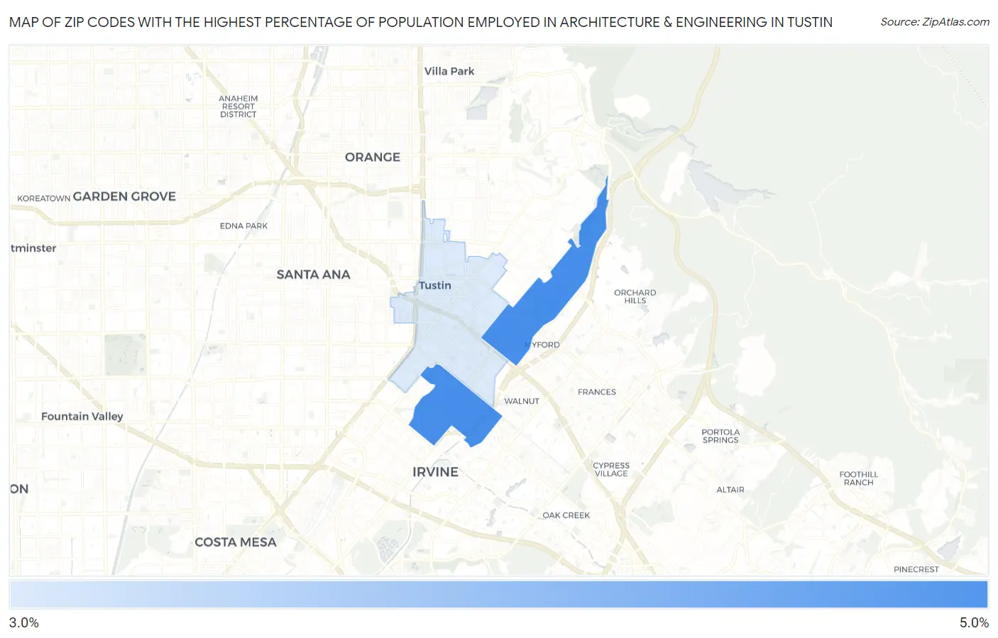 Zip Codes with the Highest Percentage of Population Employed in Architecture & Engineering in Tustin Map