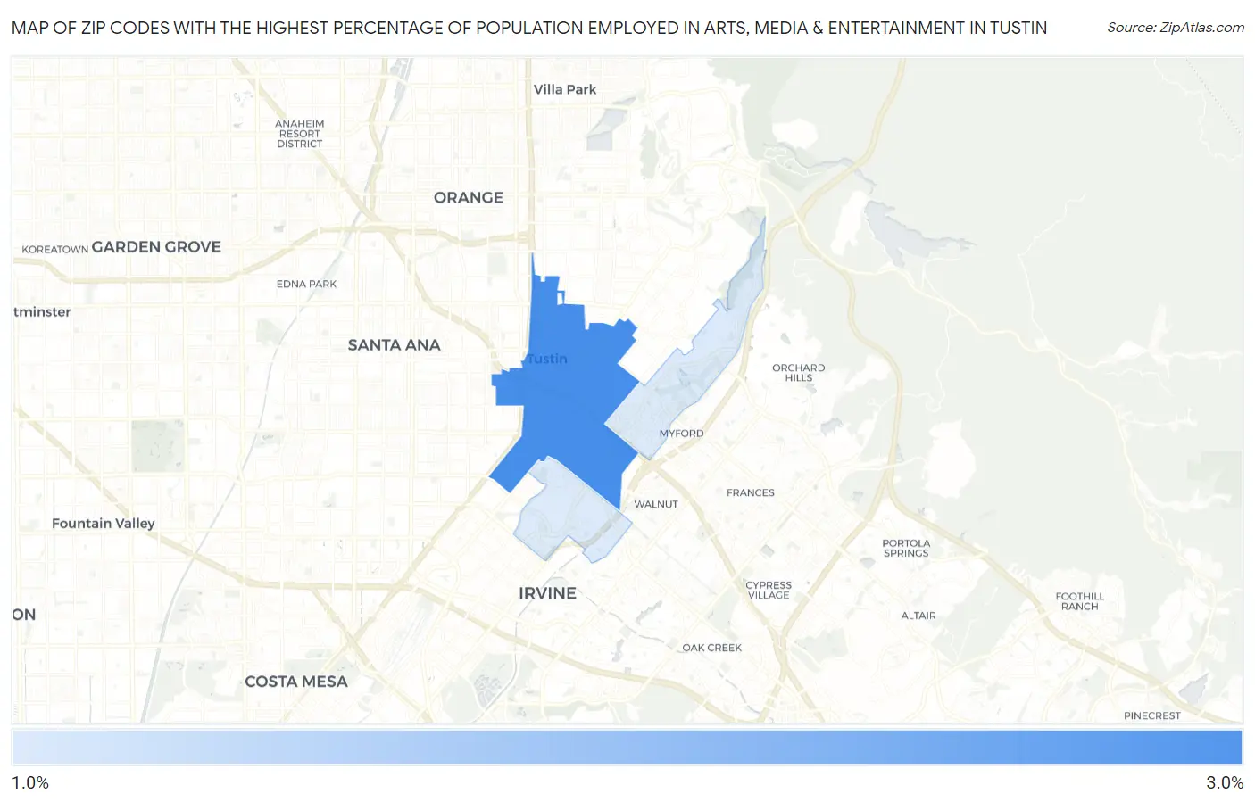 Zip Codes with the Highest Percentage of Population Employed in Arts, Media & Entertainment in Tustin Map
