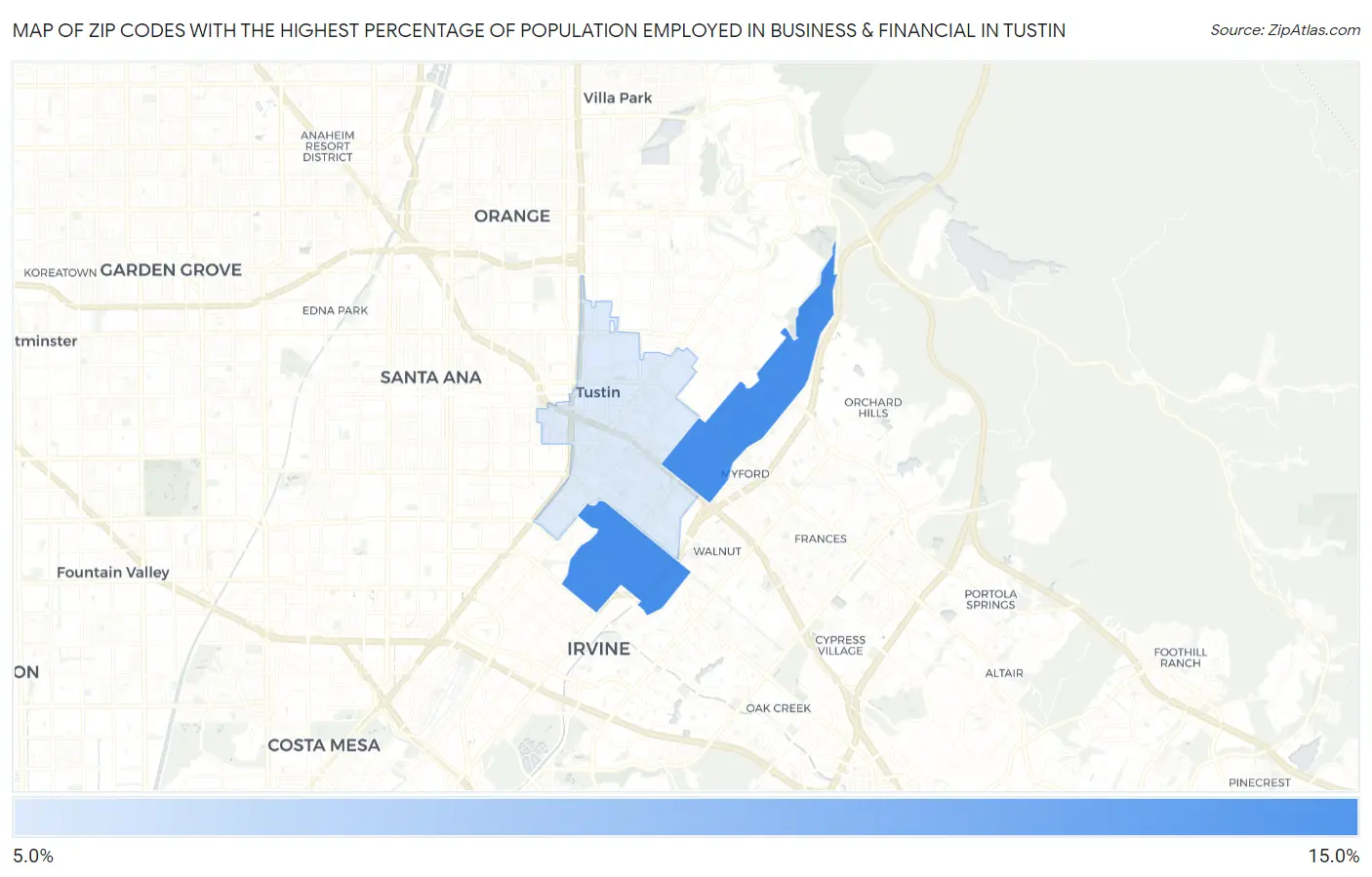 Zip Codes with the Highest Percentage of Population Employed in Business & Financial in Tustin Map