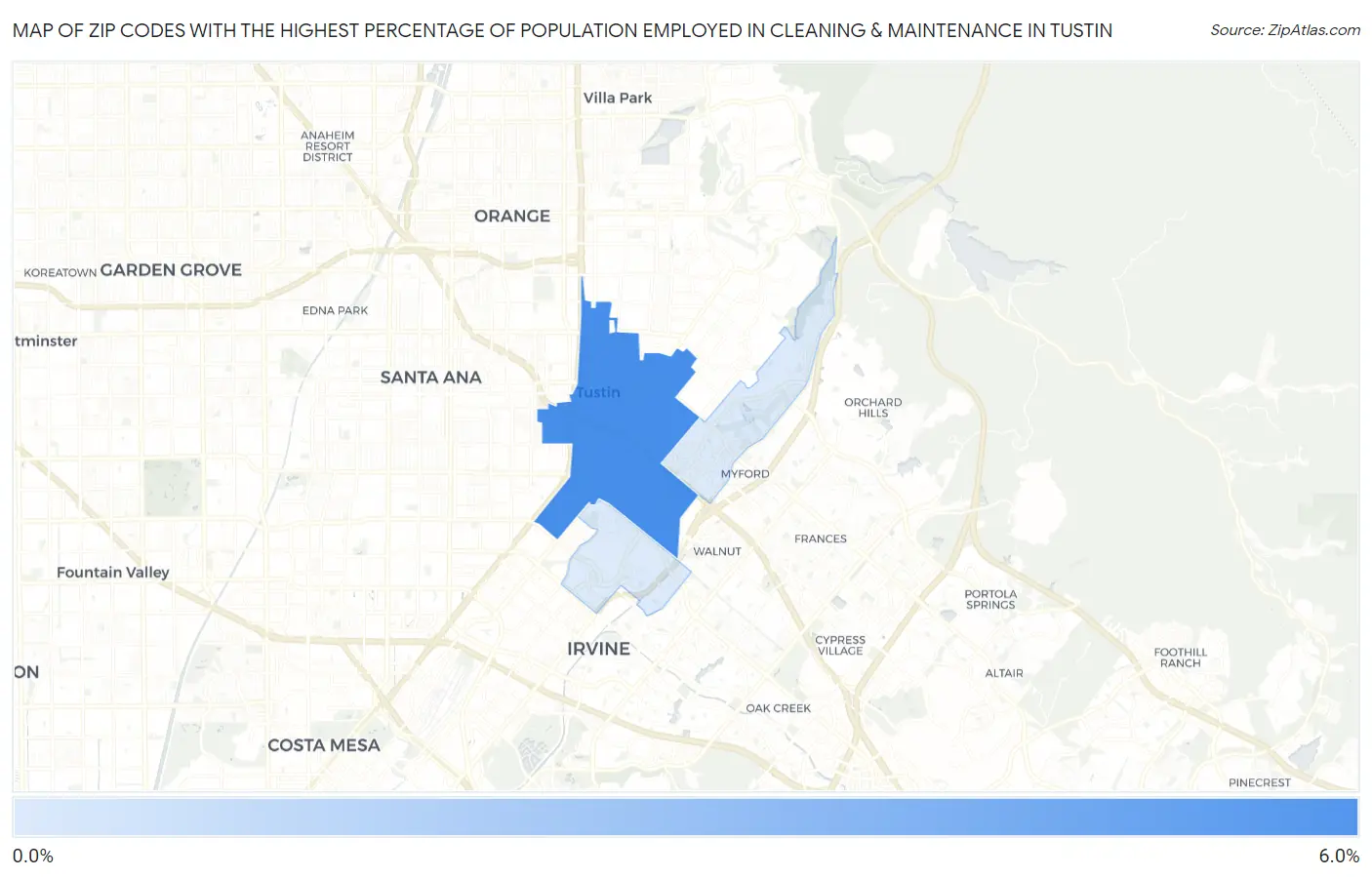 Zip Codes with the Highest Percentage of Population Employed in Cleaning & Maintenance in Tustin Map