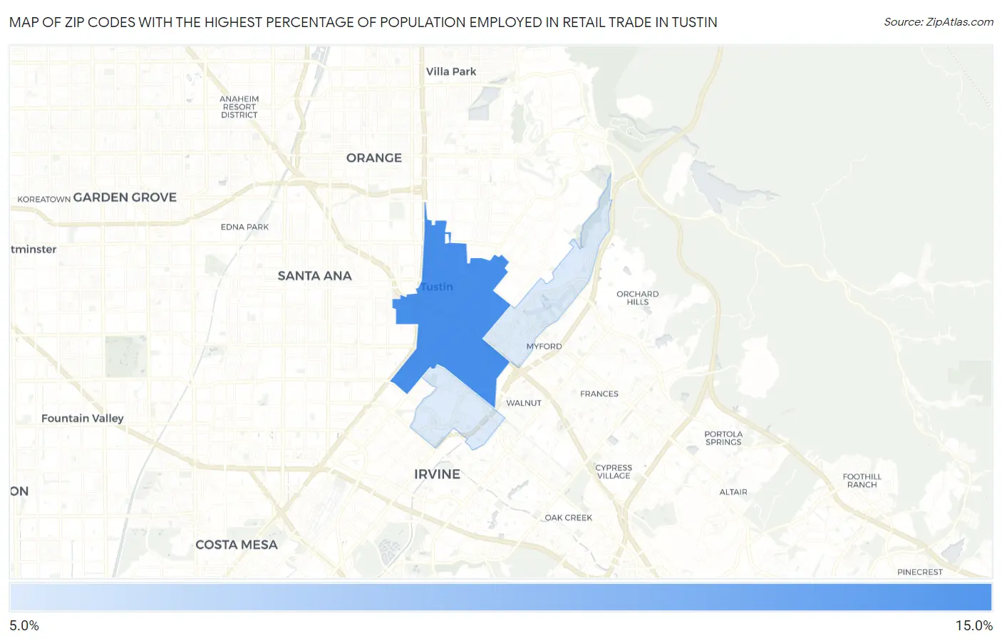 Zip Codes with the Highest Percentage of Population Employed in Retail Trade in Tustin Map