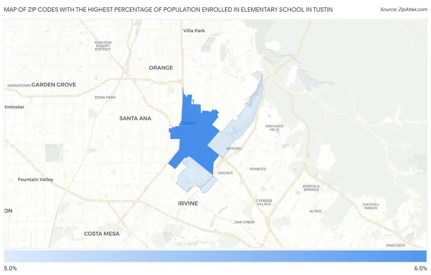 Zip Codes with the Highest Percentage of Population Enrolled in Elementary School in Tustin Map